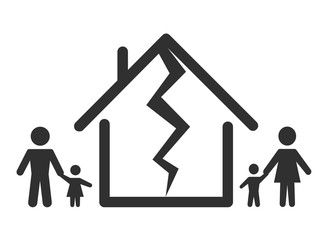 Division of property at divorce. A divorced couple and kids, children with the symbol of the house. Marriage problems icon