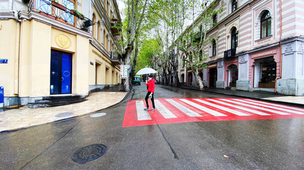 Obraz premium TBILISI, GEORGIA - APRIL 24, 2020: Empty Tbilisi, Street is normally gridlocked with shoppers and traffic.