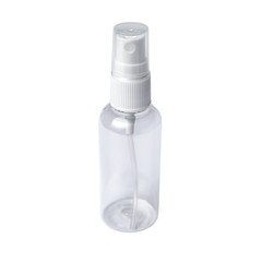 Instant antiseptic hand sanitizer mist spray, antibacterial alcohol liquid. One transparent plastic bottle with atomizer pump isolated on white background, studio shot.