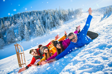 Friends Have Fun At Winter On Fresh Snow