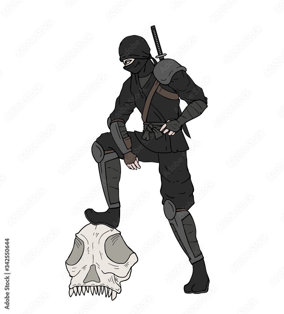 Wall mural Design of ninja leaning on big skull