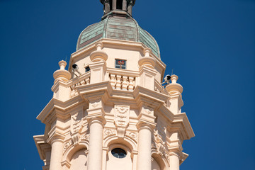 Closeup Miami Freedom Tower on blue sky top section
