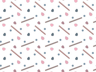 Seamless pattern of sweet chocolate berry crispy wafer sticks and cherries, blueberries, raspberries, blackberries and strawberries on a white background. For the design of kitchen utensils. Vector.