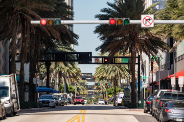 Telephoto photo Downtown Miami Flagler Street facing west during Coronavirus Covid 19 shut down all...