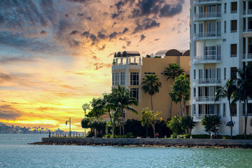 Brickell Key Miami on dramatic sunset sky