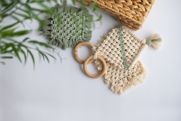 White and green coasters on a clear background with plants 