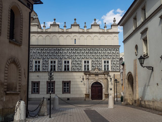 Obraz premium Prelate house of St. Mary Church at Mariacki Square. Late renaissance style, built from 1618 to 1619. Almost empty, no tourist due to the covid-19 coronavirus pandemic.