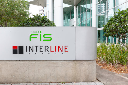 Jacksonville, Florida, USA - January 19, 2020: Sign of Fis (Fidelity National Information Services) and Interline (Interline Brands) outside their headquarters in Jacksonville, Florida, USA. 