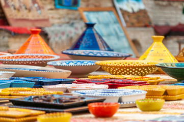 Colorful handcrafted and handpainted pottery sold on a market in Tunisia