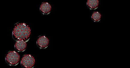 Coronavirus cells on black background . Small droplets with Covid-19 spread pathogens. 3D rendering 3D illustration