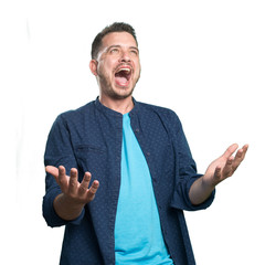 Young man wearing a blue outfit. Looking crazy.