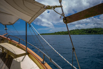 Boat sailing to Mystery Island in Vanuatu, Pacific Ocean
