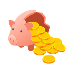Isometric global economic impacts 2020. Coronavirus or COVID-19 pandemic global impact. Broken pig piggy bank as a symbol of a failing economy