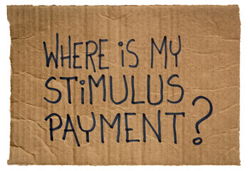 Where is my stimulus payment? Cardboard sign.