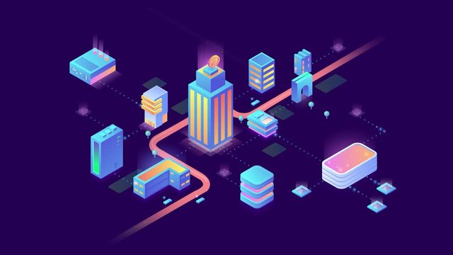 Smart Digital Virtual City and Stream Data Center Blockchain Technology Isometric design animated concept 4k video with alpha.