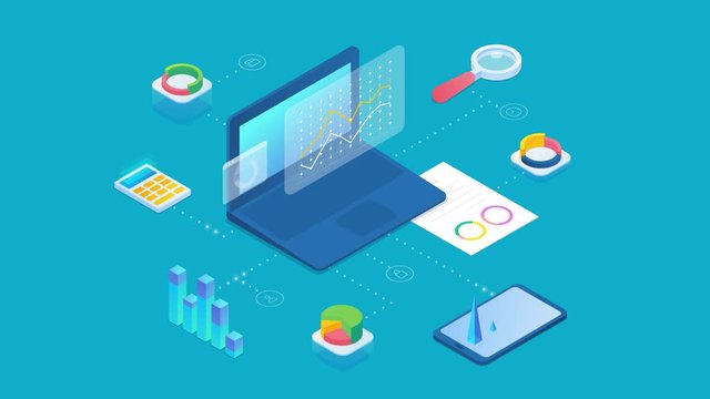 Statistics Data Analysis Business Chart Information on Computer desktop and Mobile phone isometric design animated concept 4K video
