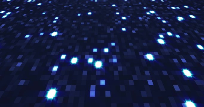 Blue neon technology background. Glittering blue poligons moving in a cyberspace. 3D illustration