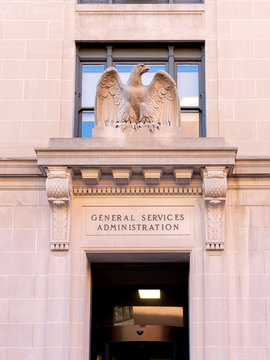 Washington, DC, USA- January 12, 2020: Sign of GSA at entrance in Washington, DC. The&nbsp;General Services Administration&nbsp;(GSA) is an independent agency of the United States government. 