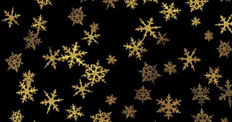 Golden snowflakes on black background. New year wallpaper. 3d render