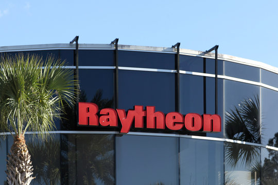Orlando, Florida, USA- February 8, 2020: Raytheon Facility sign In Orlando, Florida, USA. Raytheon Technologies Corp. is a defense and aerospace company. 