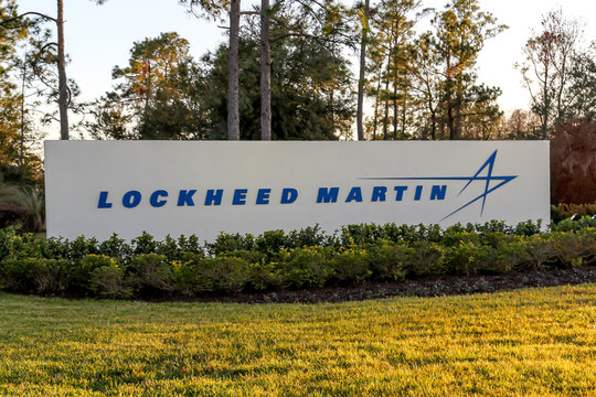 Orlando, Florida, USA- February 8, 2020: Lockheed Martin sign in Orlando, Florida, USA;   Lockheed Martin is an American global aerospace, defense, security, and advanced technologies company.