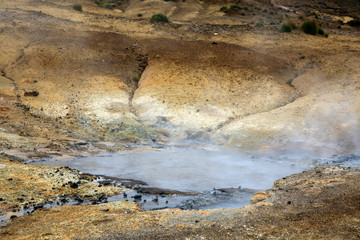 Krisuvik / Iceland - August 15, 2017: Geothermal manifestations in Krisuvik geothermal area, Iceland, Europe