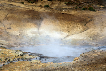 Krisuvik / Iceland - August 15, 2017: Geothermal manifestations in Krisuvik geothermal area, Iceland, Europe