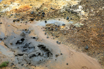 Krisuvik / Iceland - August 15, 2017: Geothermal manifestations in Krisuvik geothermal area, Iceland, Europe