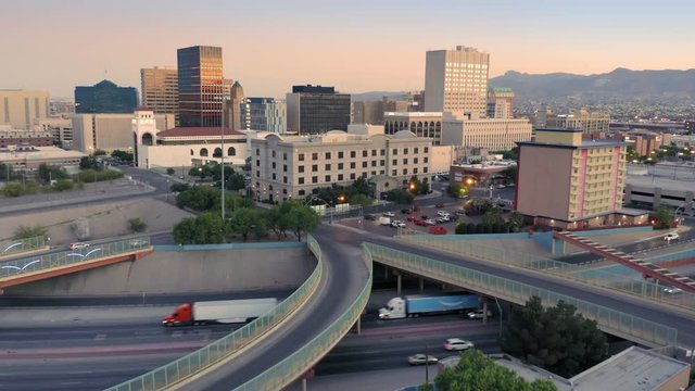 El Paso,Texas, USA .30 April 2019. Aerial over downtown CBD and freeway at sunset, 