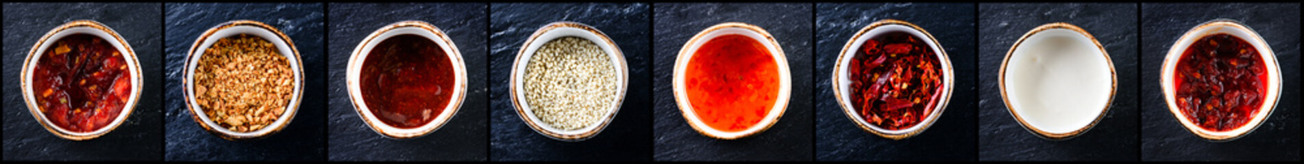 Set of different delicious sauces, top view. Banner design