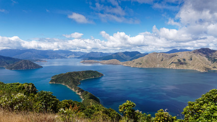 The view from the top of Maud Island, predator-free island, looking into the Marlborough Sounds in New Zealand