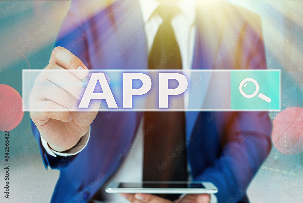 Poster word writing text app. business photo showcasing computer program download software by a user to a m