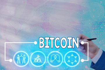 Word writing text Bitcoin. Business photo showcasing Cryptocurrency Blockchain Digital currency...