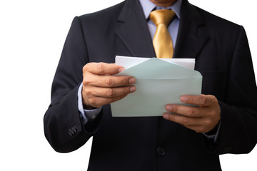Business man open envelope and reading letter isolated on white background with clipping path.
