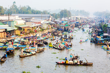 Fototapeta na wymiar Aerial view of Nga Nam floating market, Mekong delta, Soc Trang, Vietnam. Same Damnoen Saduak of Thailand and Martapura of Indonesia. Same Cai Rang floating market