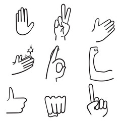 doodle All Hand Emojis Gestures Vector Icons Set. Biceps, fist, folded hands, victory hand emojis. Emoticon Gesture Illustrations cartoon style