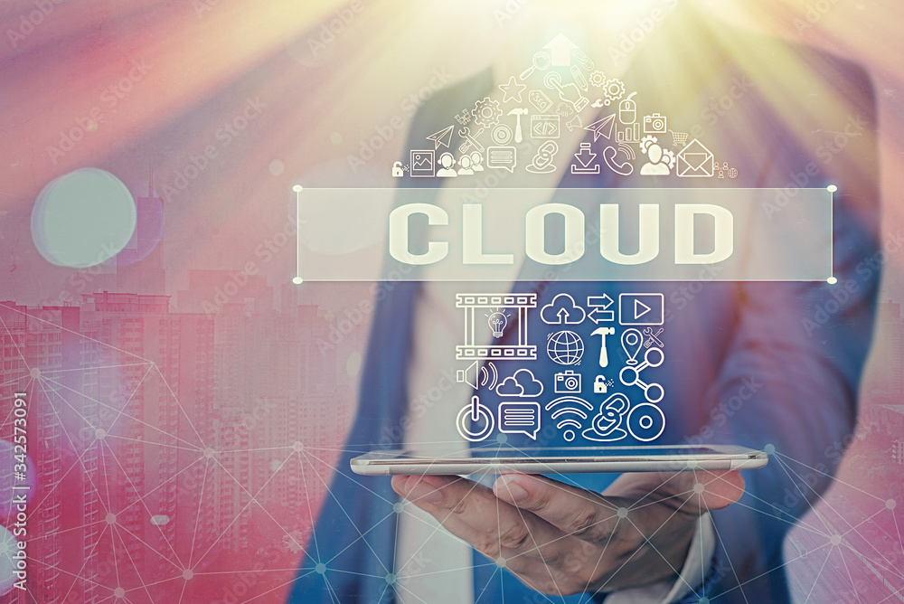 Poster text sign showing cloud. business photo showcasing anything that involves delivering hosted services