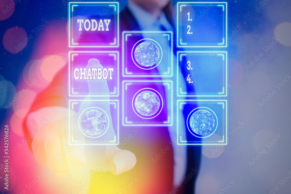 Poster writing note showing chatbot. business concept for a kind of computer program that simulates convers