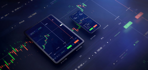 Futuristic stock exchange scene with tablet and mobile phone UI, chart, numbers and SELL and BUY options (3D illustration)
