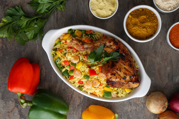 African dishes healthy lifestyle dish with plantain rice and Jollof Rice. Jolof Meal. Egg and plantain. Jelly fish dish with Healthy salad.