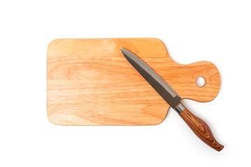 Woodcutting board with handle and drill hole for hanging and knife isolated on white background...