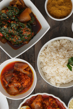 Gelly Meals. Nigerian Dish. African Meal. Spinach Dinner. Jelly Dinner. Jelly Lunch with rice, Jollof and Plantain