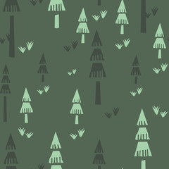 Seamless linocut green forest trees outdoor vector pattern. 