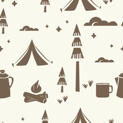 Seamless Linocut Vector Repeat Pattern of Outdoor Mountain Camping Adventure Elements with a beige tan background.