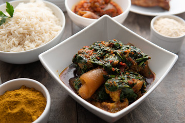 Gelly Meals. Nigerian Dish. African Meal. Spinach Dinner. Jelly Dinner. Jelly Lunch with rice, Jollof and Plantain