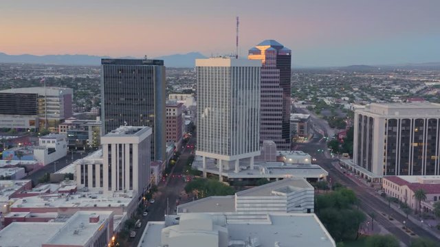 Tucson, Arizona, USA.  Aerial flying over downtown Tucson at sunrise.