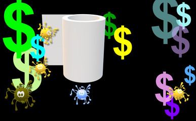 Dollar currency symbol. Toilet paper roll and simulated virus graphic. Impact of COVID-19 on the economy. 3d illustration with randomly placed coins. Coronavirus outbreak.