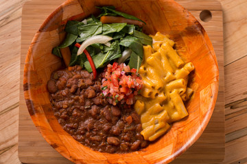 Vegan Bowl with Chili, Mac N' Cheese, and Collard Greens