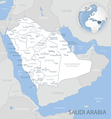 Blue-gray detailed map of Saudi Arabia administrative divisions and location on the globe.