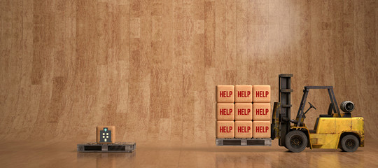 forklift moving boxes with message HELP to a box with a hospital icon in front of wooden background